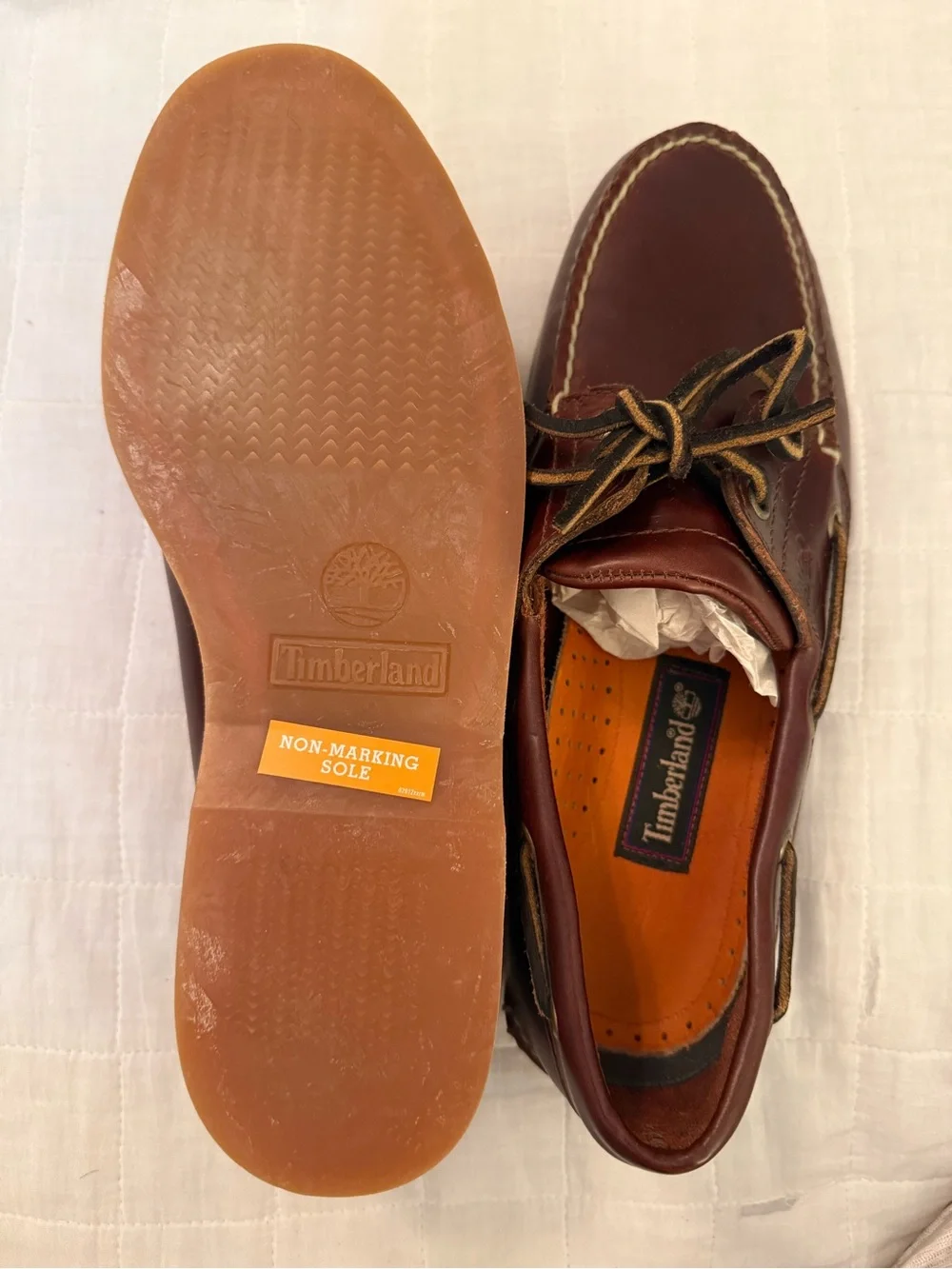 Timberland Men's Chestnut Leather Boat Shoes with Orange Insoles
